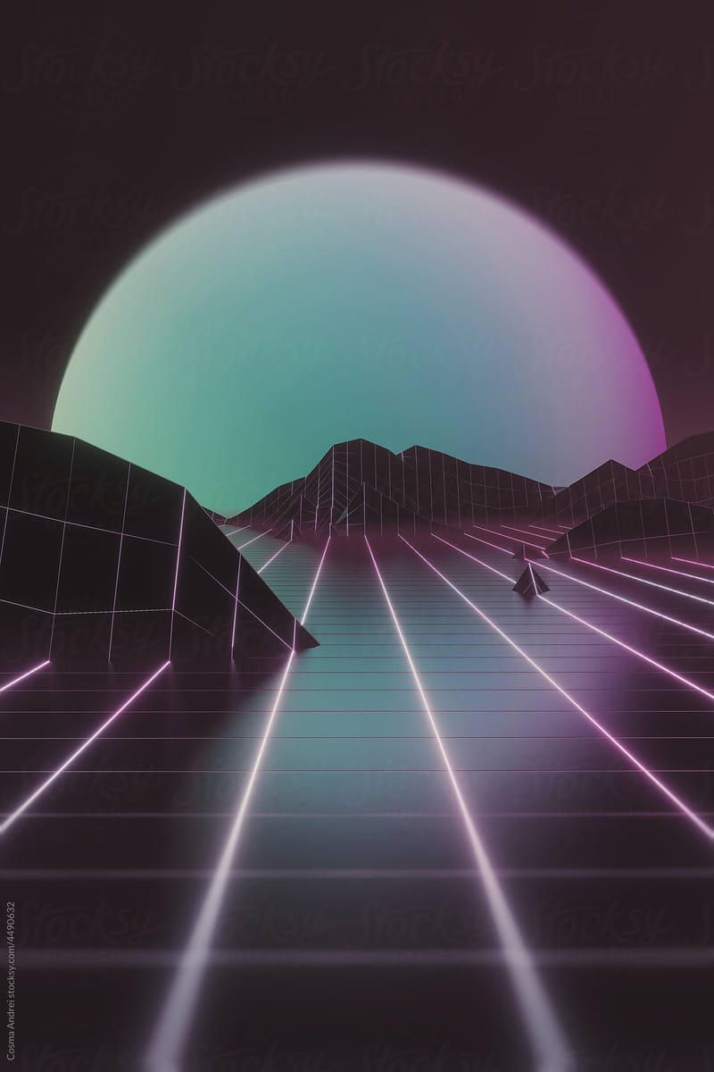 Abstract cyberpunk landscape on coputer grid