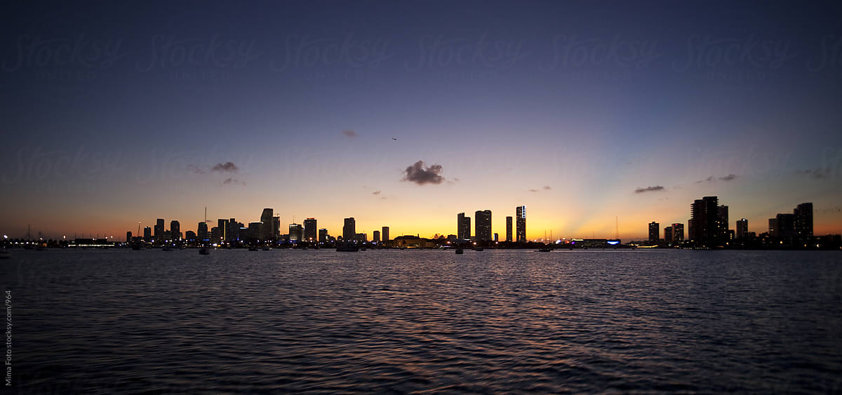 Panoramic view from Biscayne Bay to downtown Miami after Sunset
