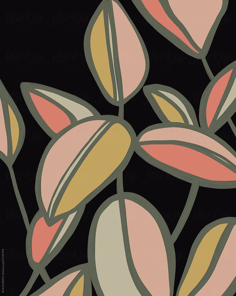 Warm Pink And Yellow Abstract Ficus Plant Illustration