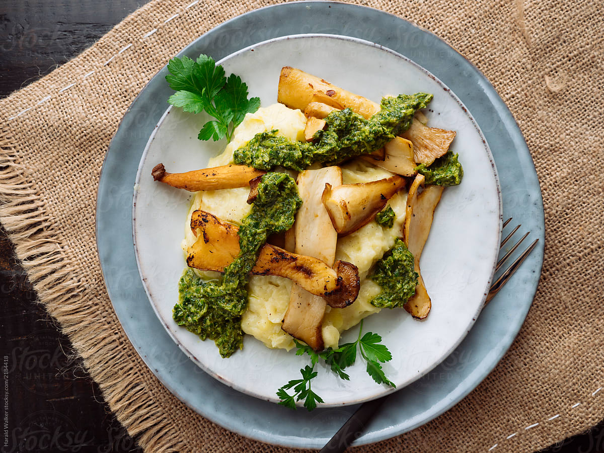 King Oyster Mushrooms with Parsnip, Potato Mash and Coriander Sauce