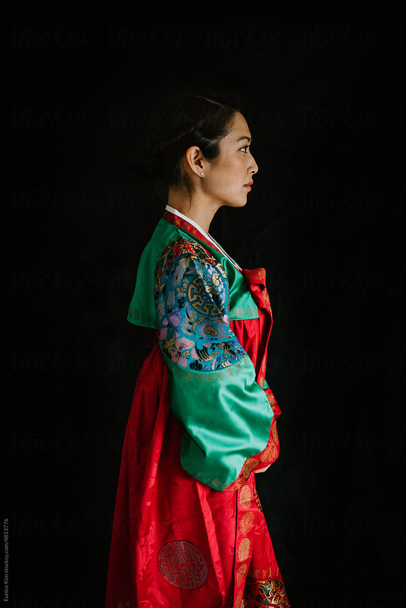 A Woman Wearing a Traditional Korean Hanbok