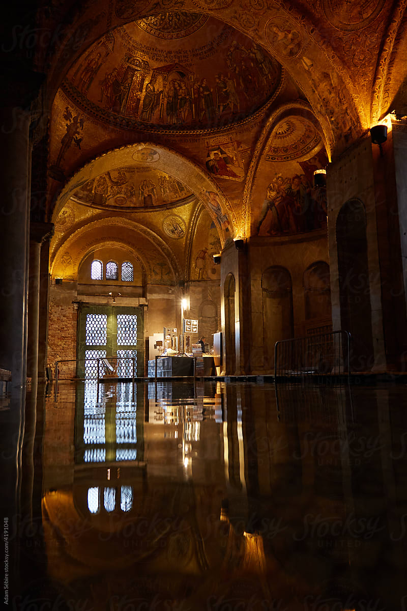 Storm surge flood submerges San Marco Basilica, Venice