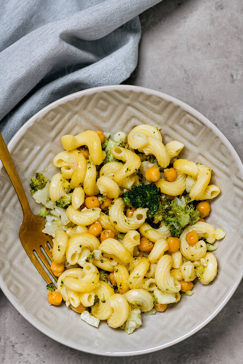 Italian macaroni cavatappi pasta with chickpeas, cauliflower, broccoli