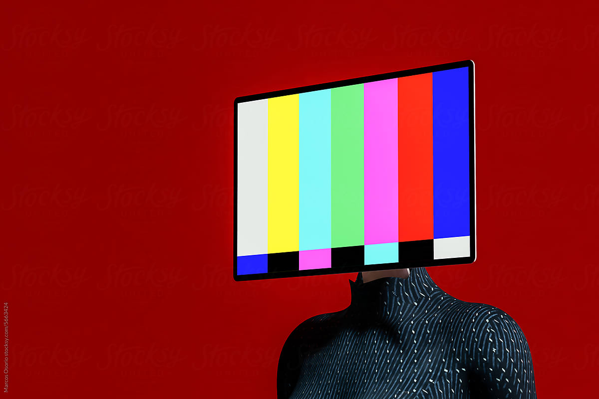 A woman with a television on her head