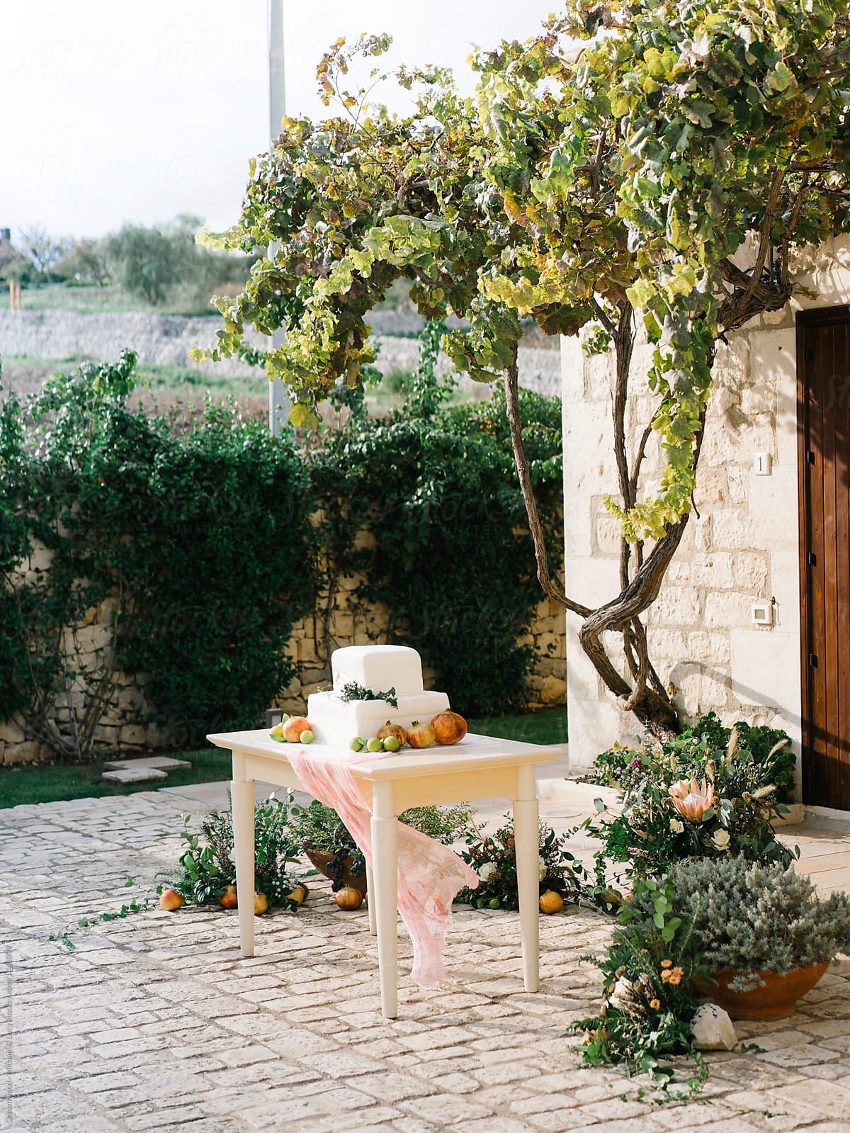 Small table ith wedding cake in garden