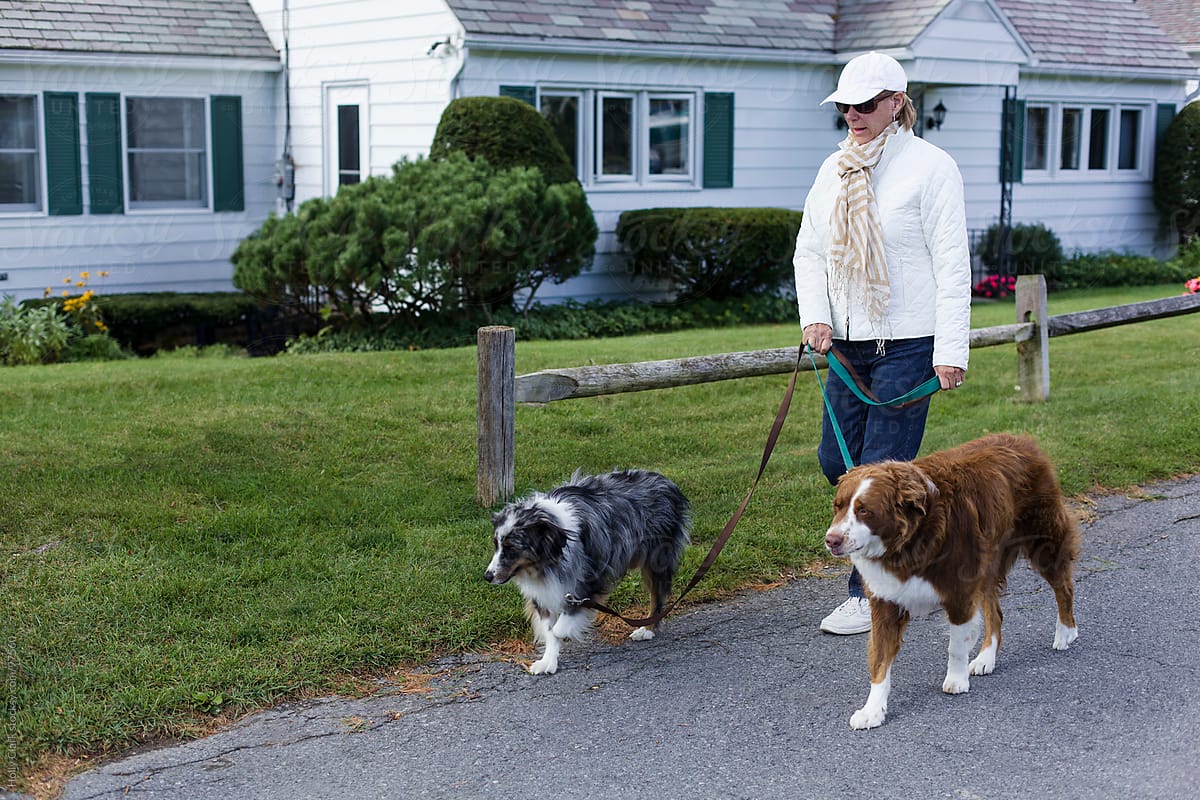 A woman walks in front of a house with her two dogs on leashes.