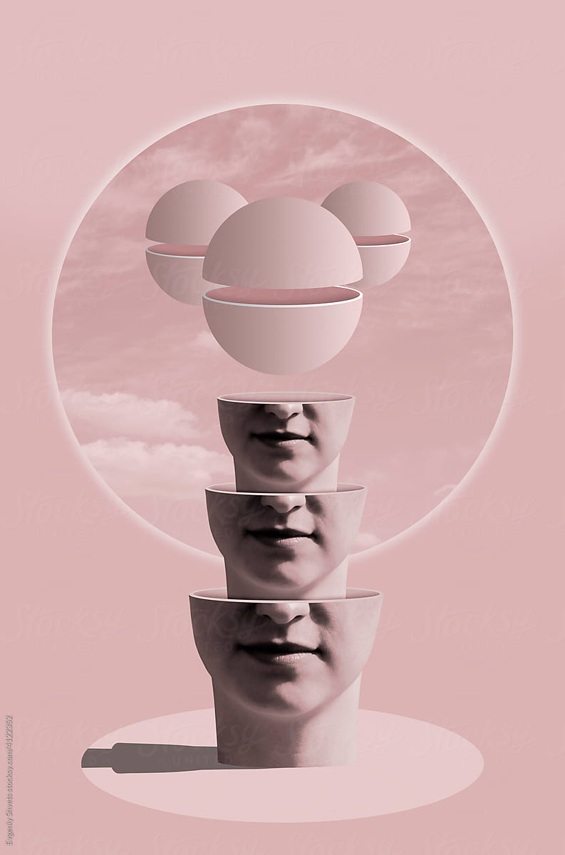 Surrealistic head and group of divided spheres