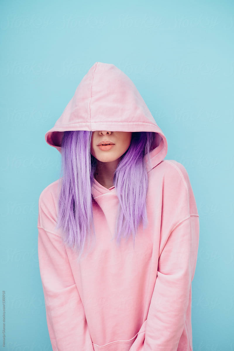 Caucaisan With Long Lilac Hair in Pink Hoodie