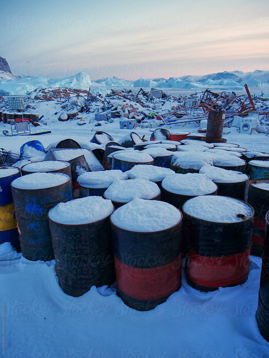 Greenland Arctic town - garbage rubbish waste trash junk, oil barrels
