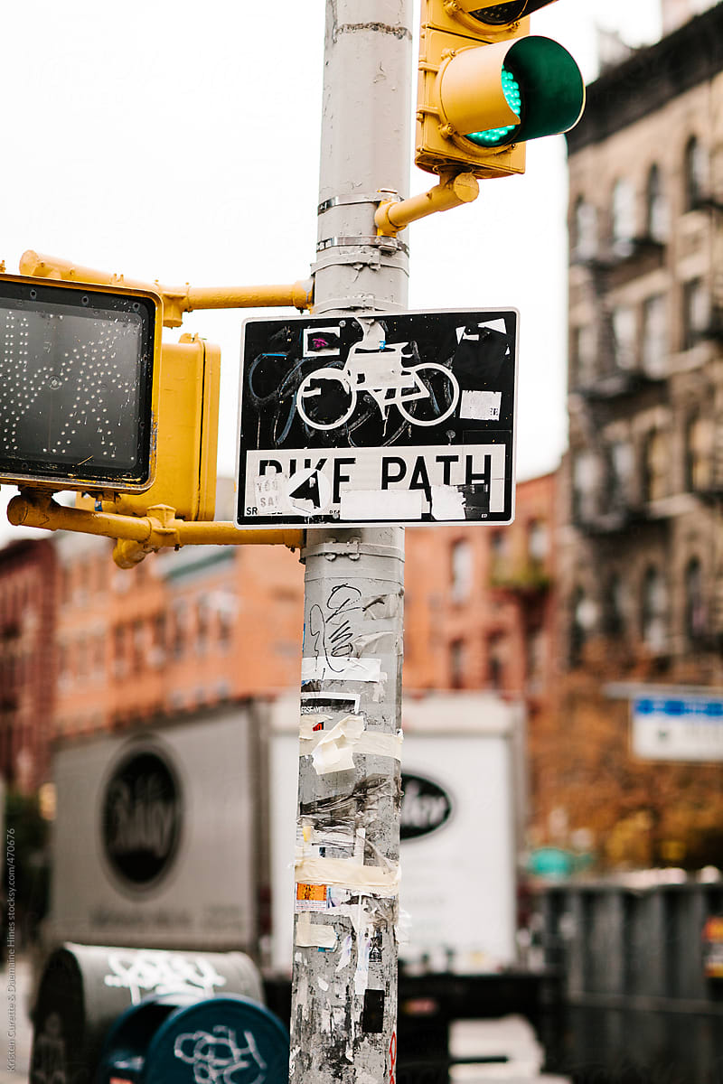 Bike lane sign and traffic light in Manhattan, Soho