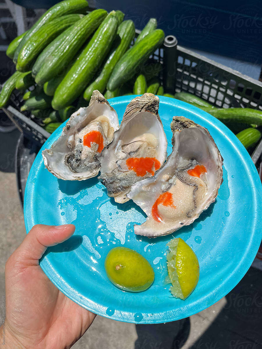 Before and after photo of seafood oysters on a plate