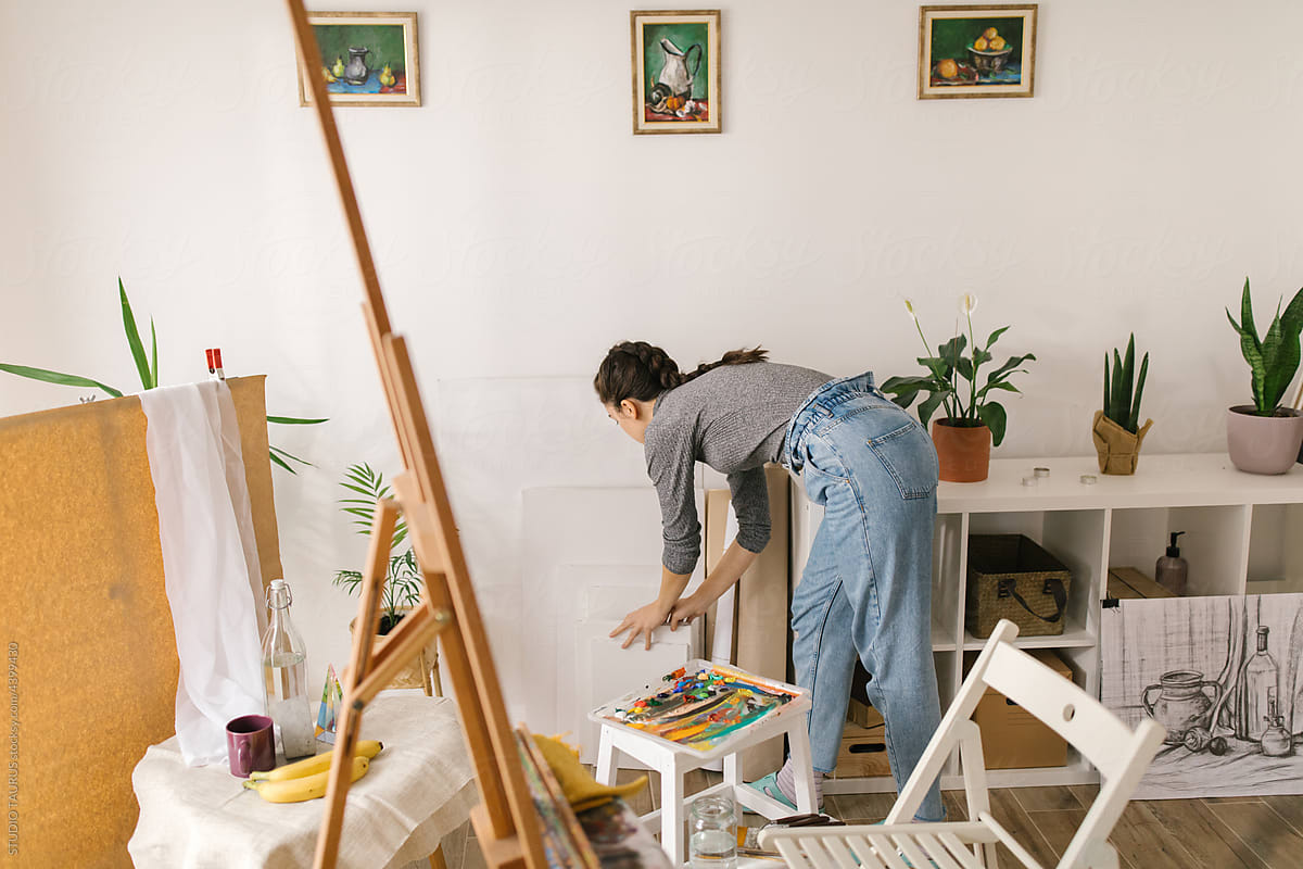 Woman in art painting studio