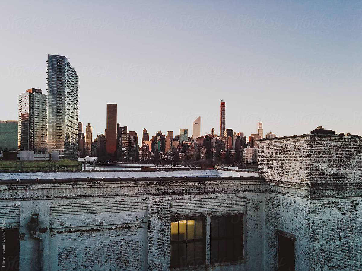 View of New York City skyline and industrial rooftop