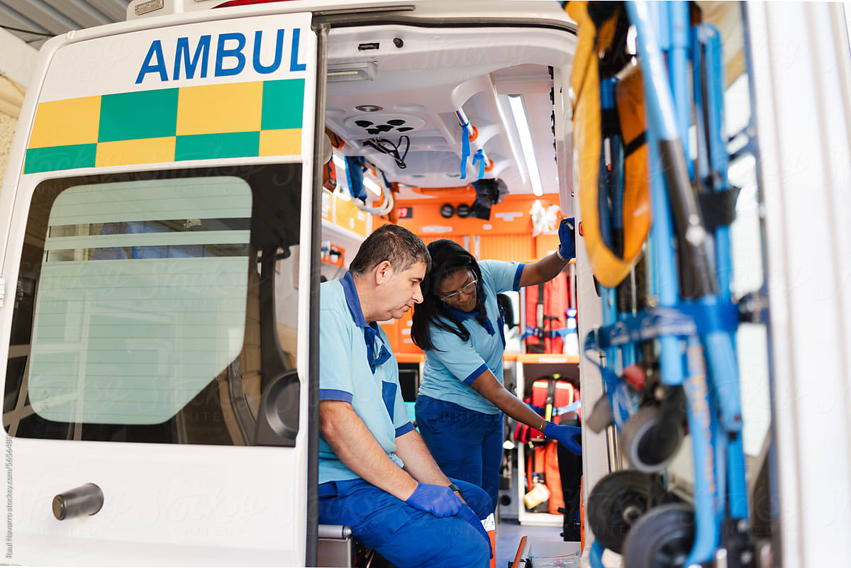 paramedics working on an ambulance