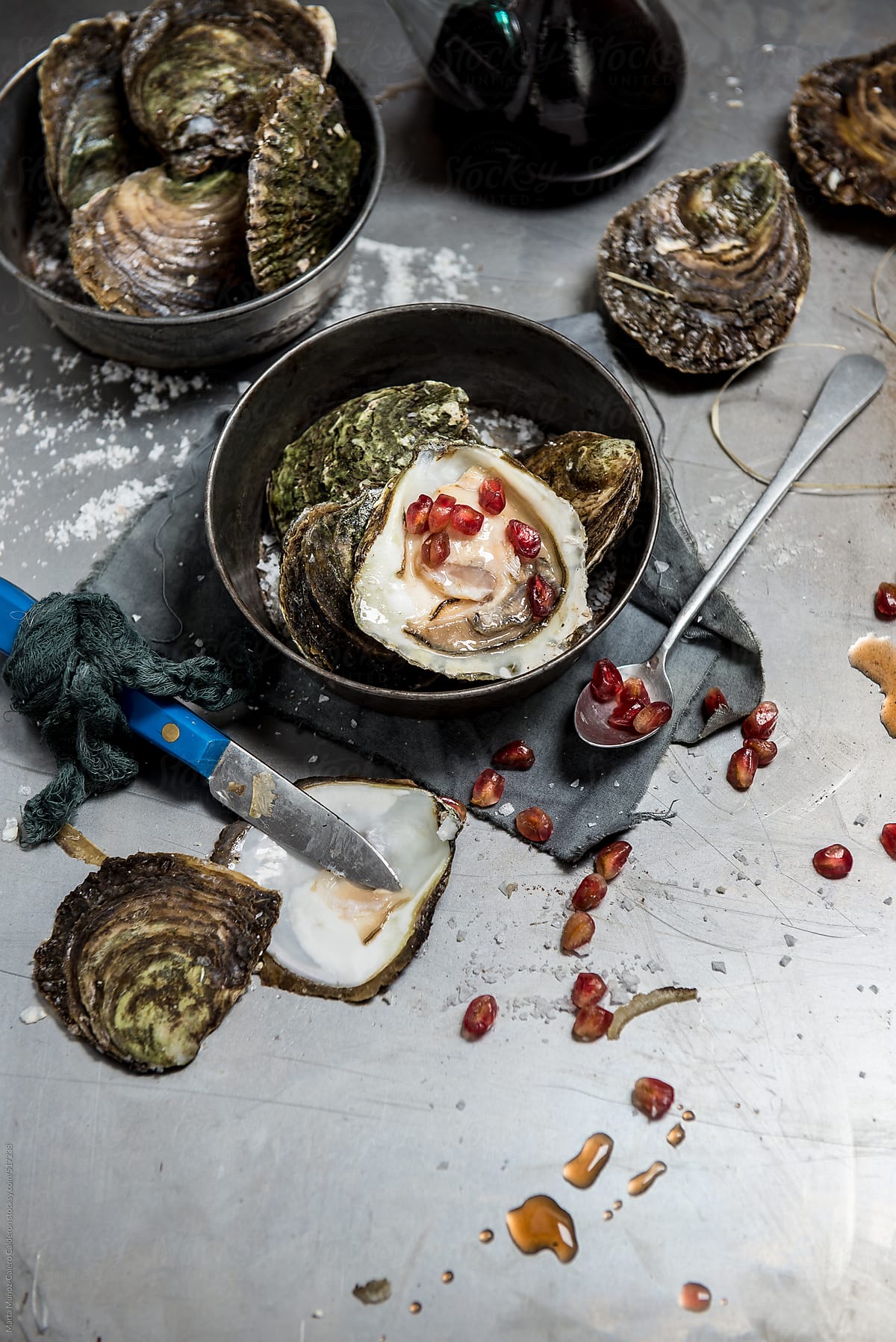 Oysters on metallic background with pomegranate and oyster knife opener