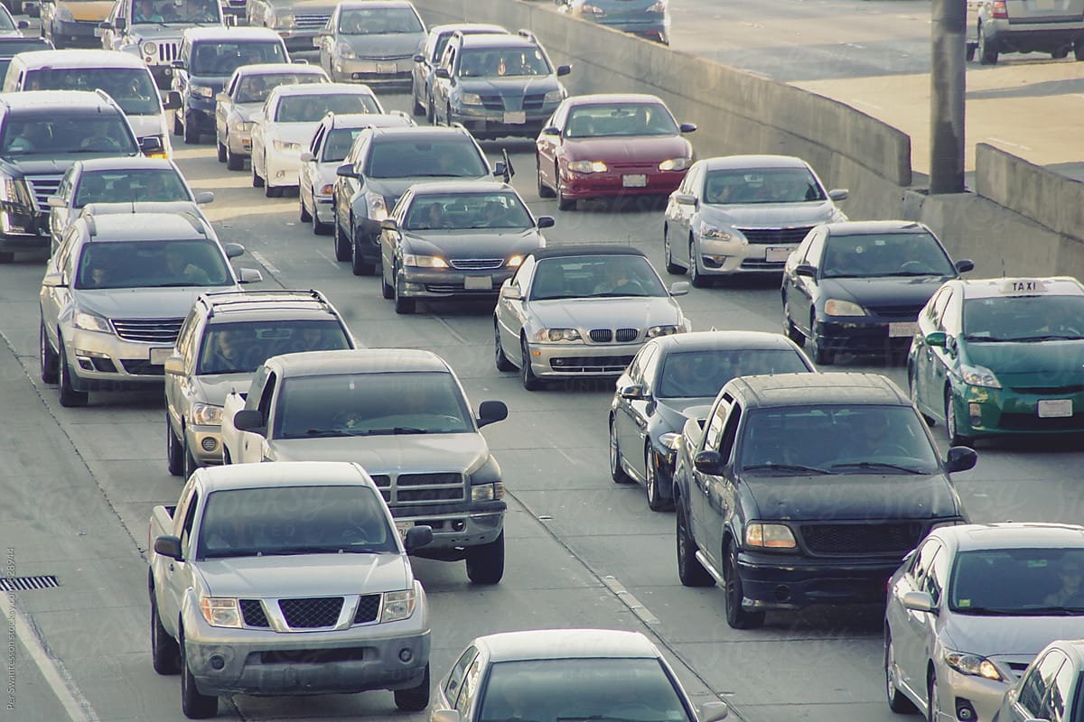 Stress in traffic: Los Angeles freeway traffic. Traffic is slow
