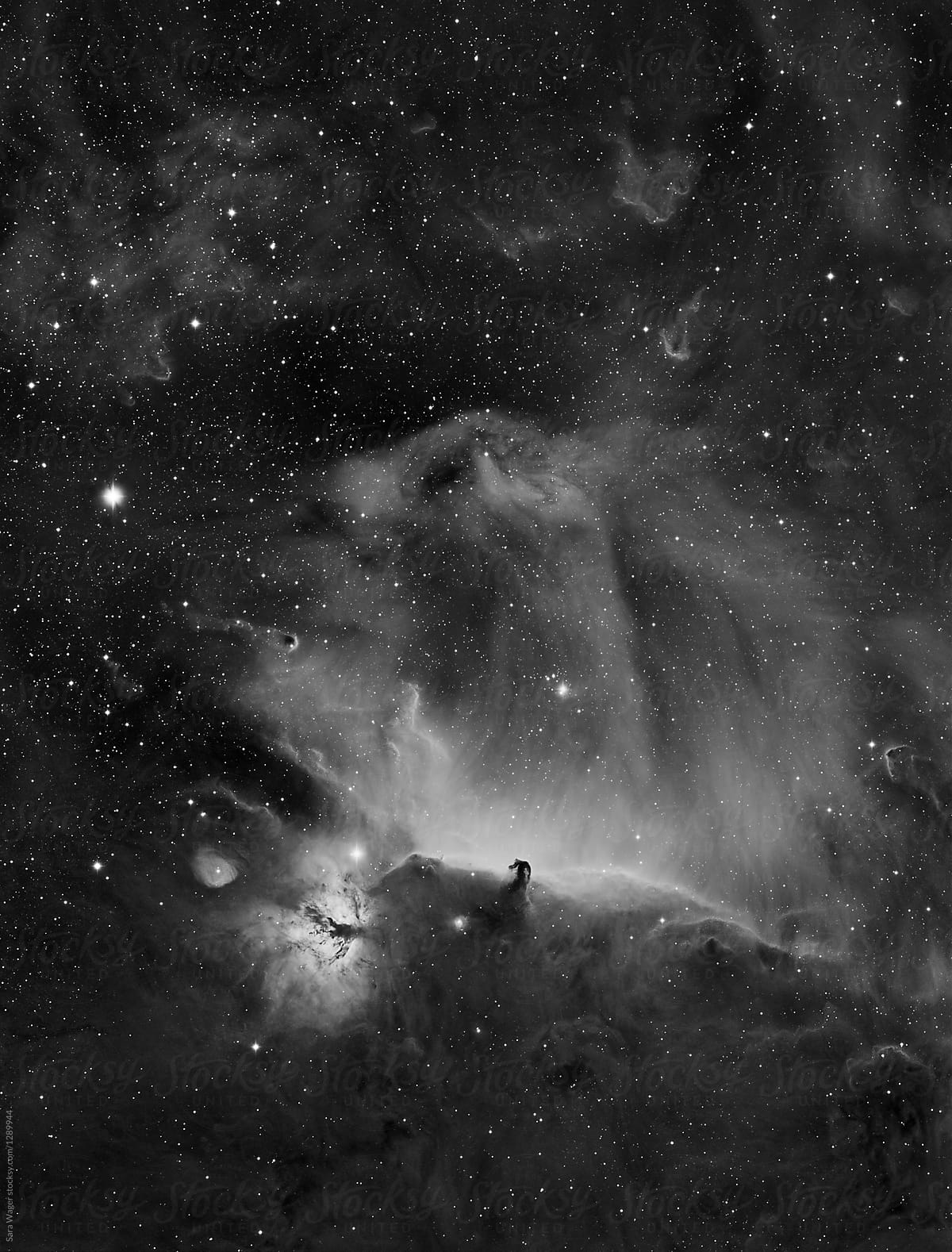 A widefield image of the Horsehead and flame nebula in mono