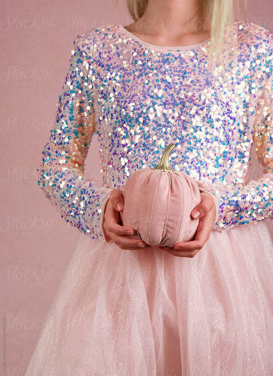 Pretty Pink Sparkle Girl Holding Pumpkin