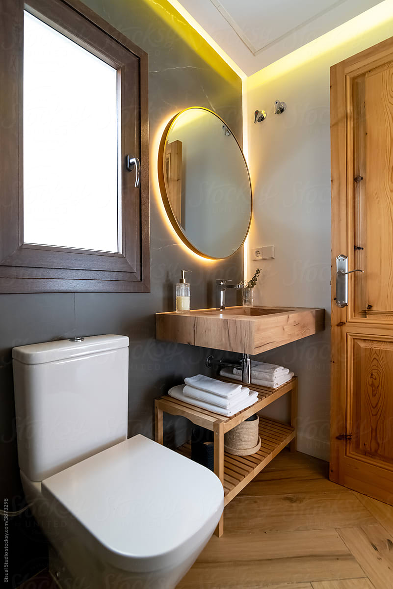 Shelves with toiletries near toilet and mirror