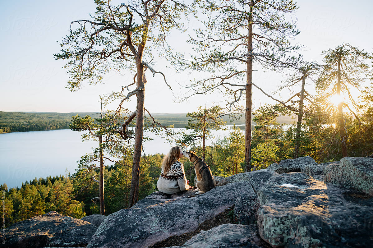 Golden Serenity: A Lapland Summer Sunset with Girl and Puppy