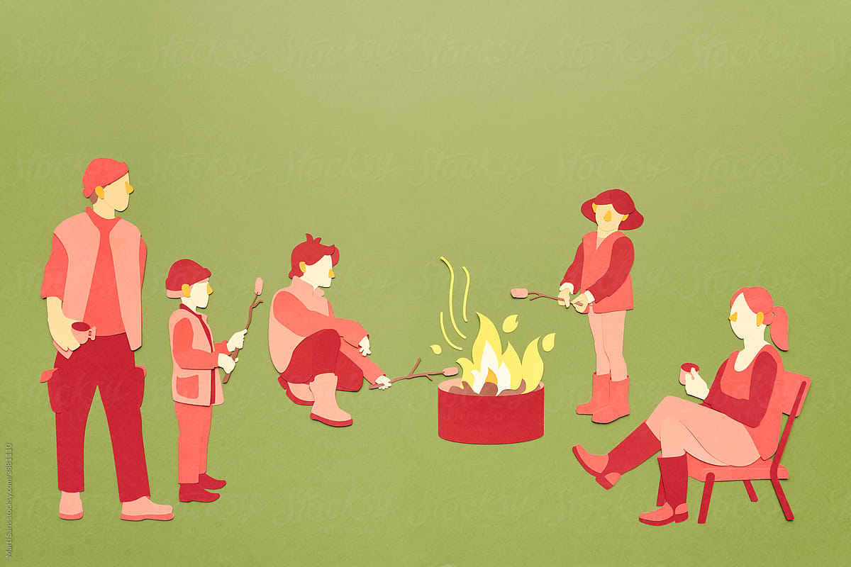 Cartoon family gathering around campfire