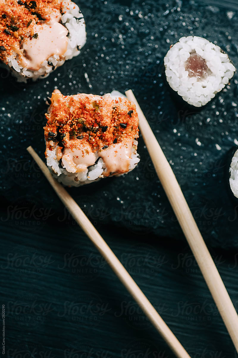 Sushi on black background