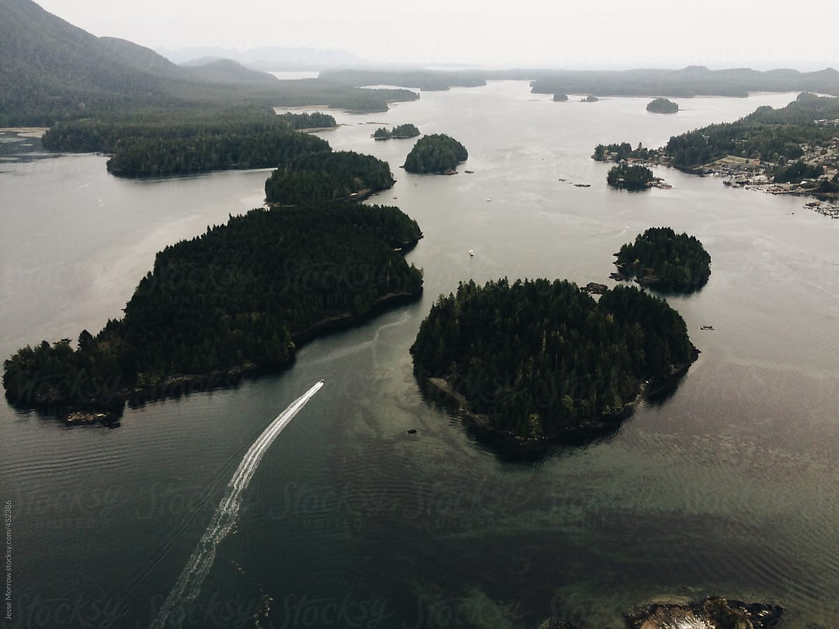 Aerial views of tofino british columbia canada coast line and islands