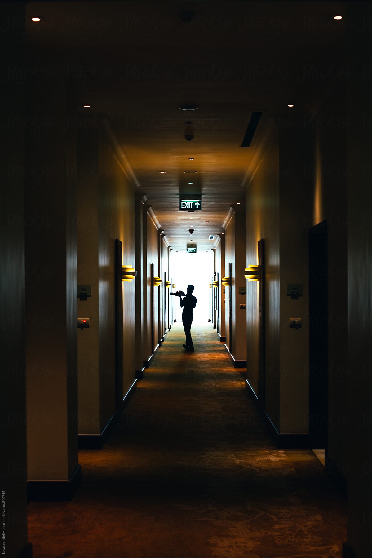 Silhouette of a waiter delivering room service in a hotel
