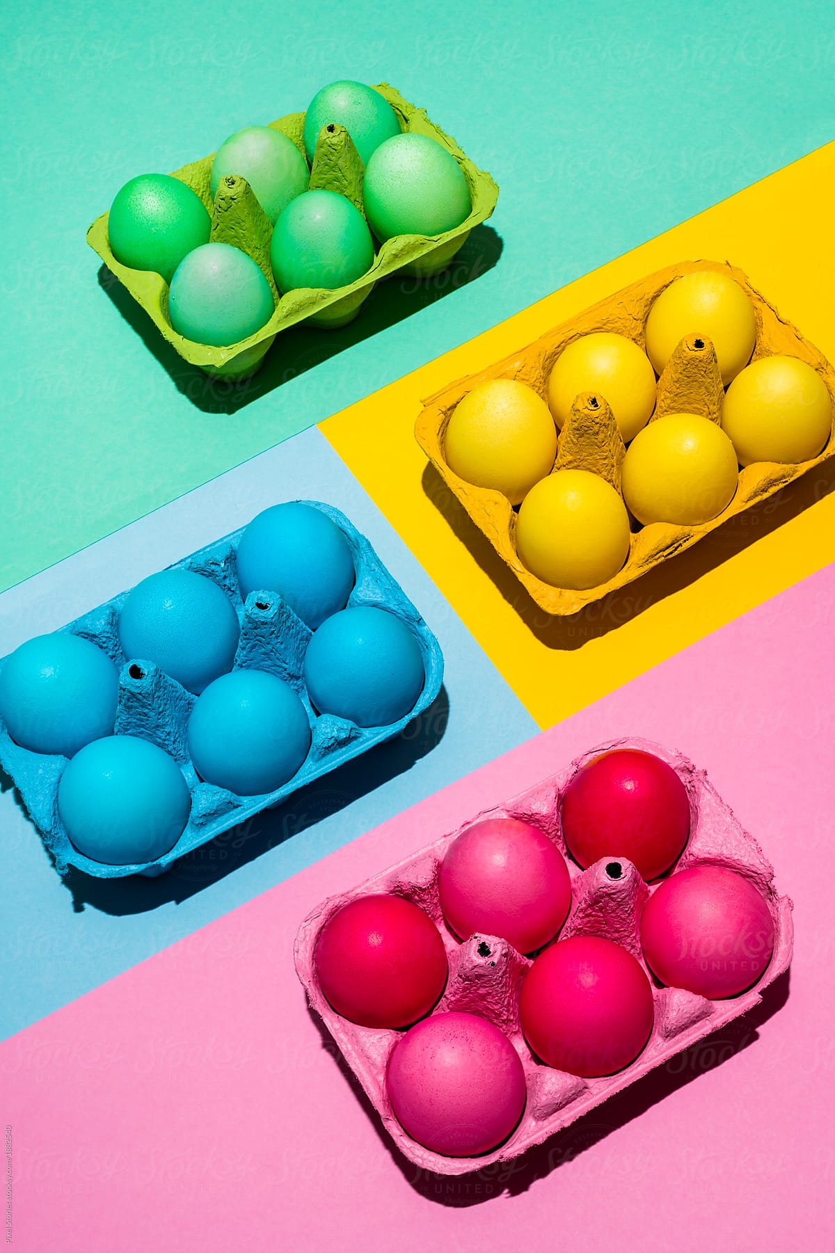 Easter eggs with bold colors and shadows