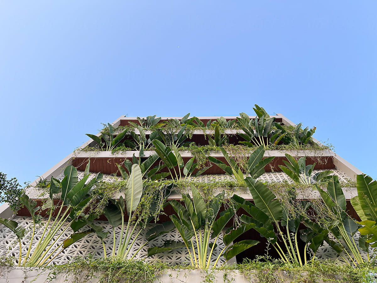 modern and eco-friendly building with many trees on each balcony