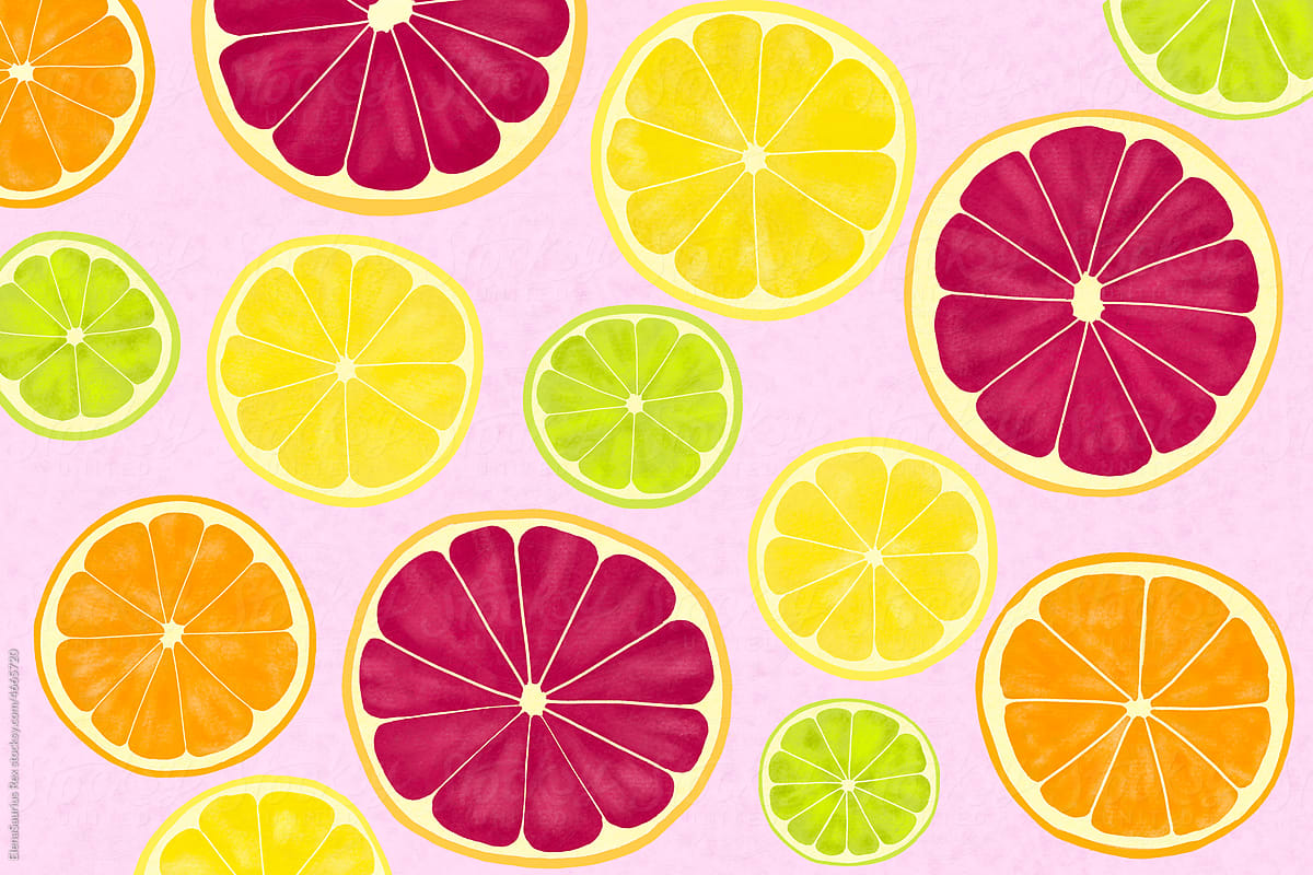 Repeating pattern of summer citrus on pink background, illustration
