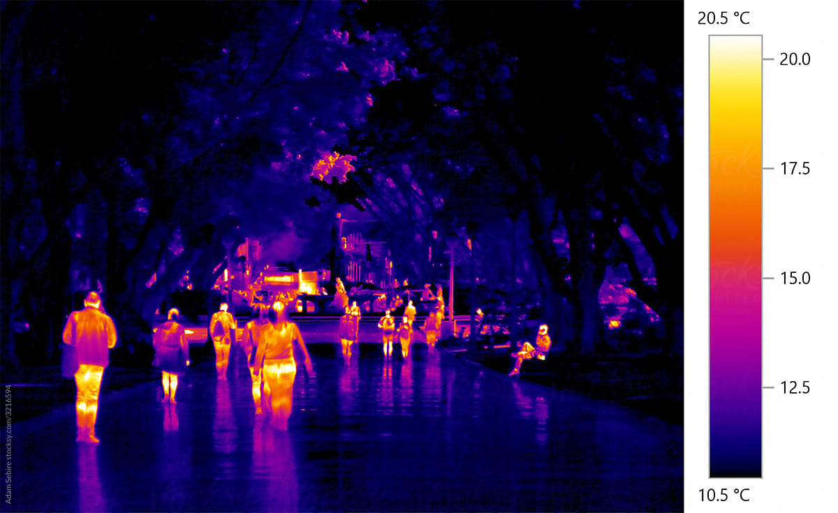 Shaded public park in urban heat island - infrared imaging