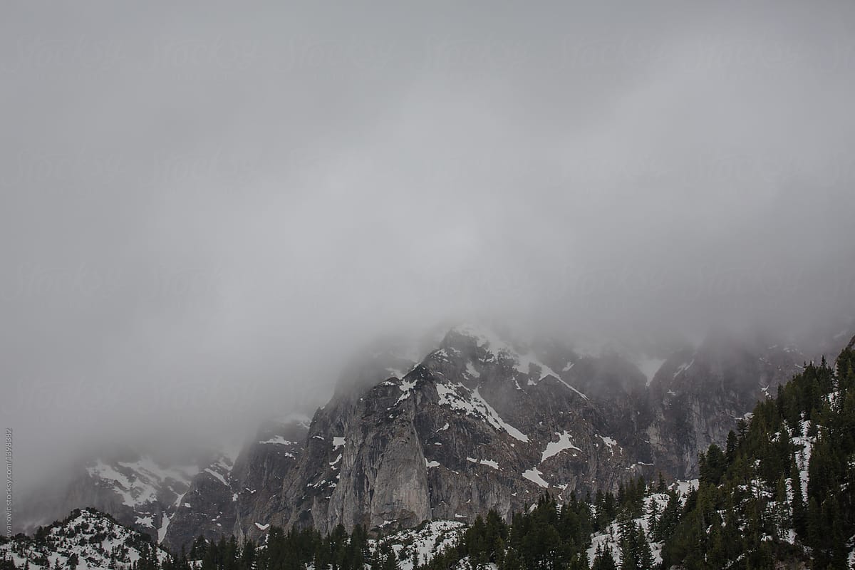 Rocky mountain peak covered with snow