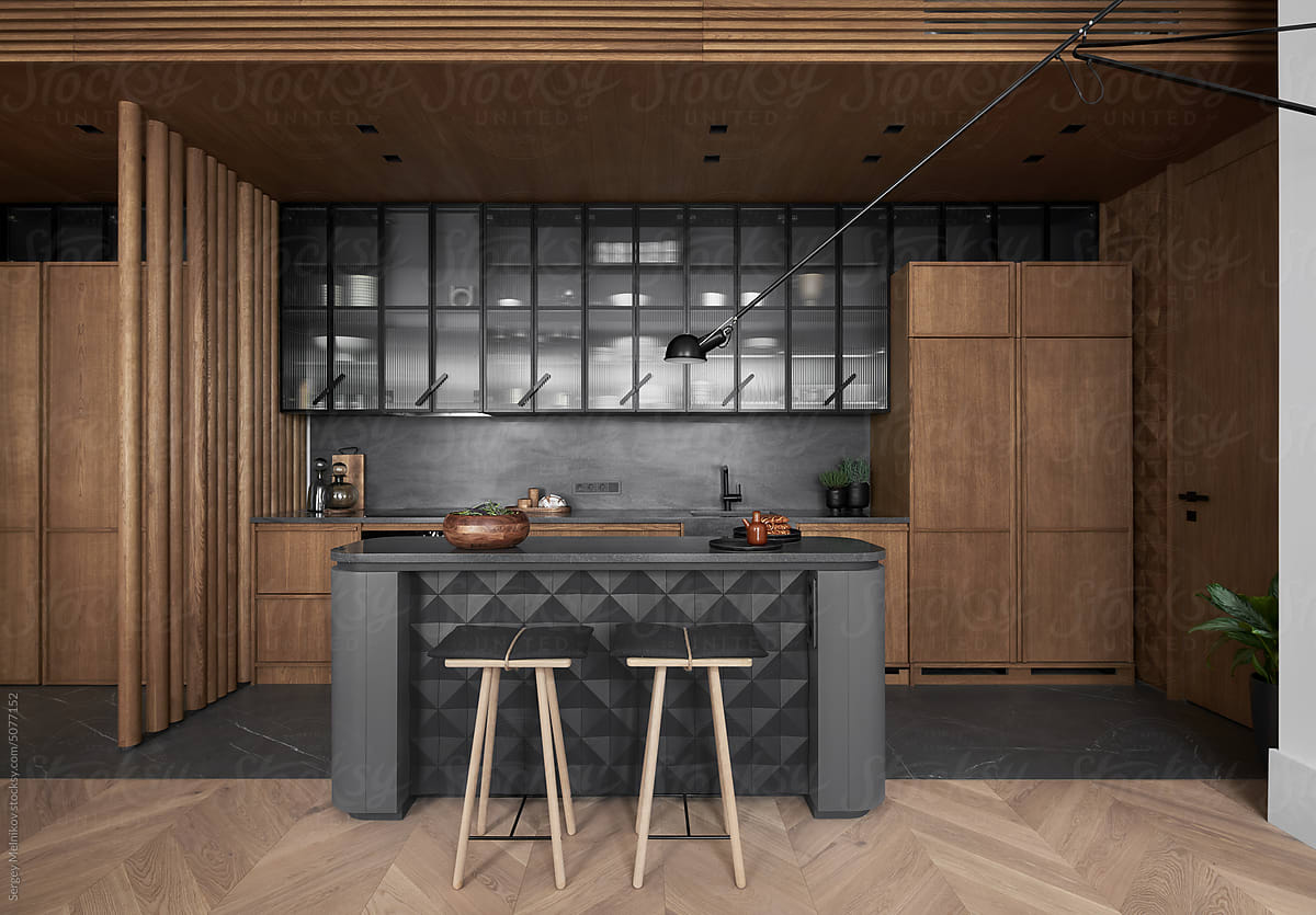 Modern kitchen design in black and wood
