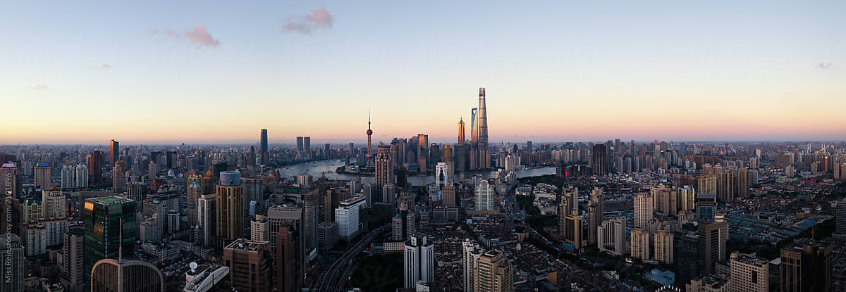 Shanghai Bund Sunrise Aerial Panorama