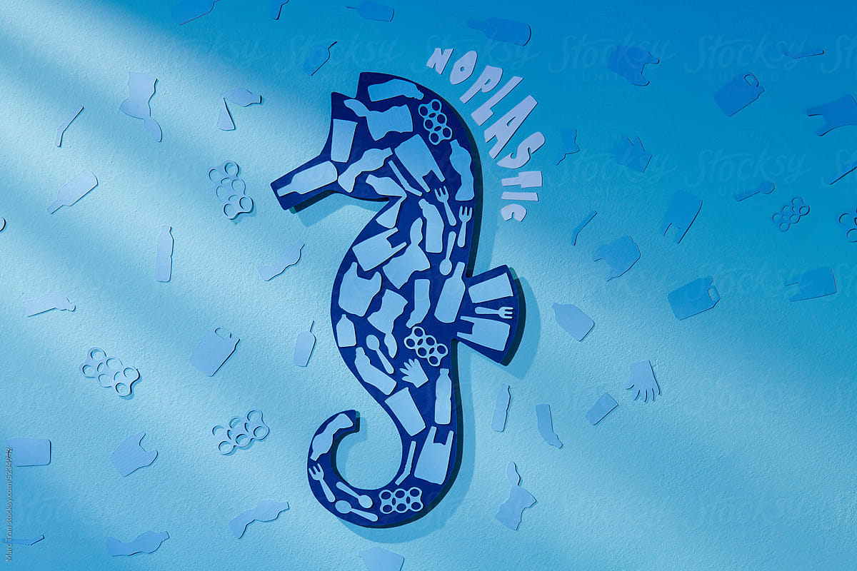 Text no plastic and Seahorse marine animal silhouette filled
