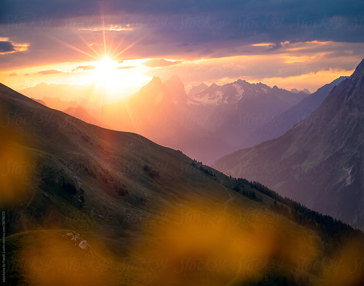 Swiss mountain vista sunrise.