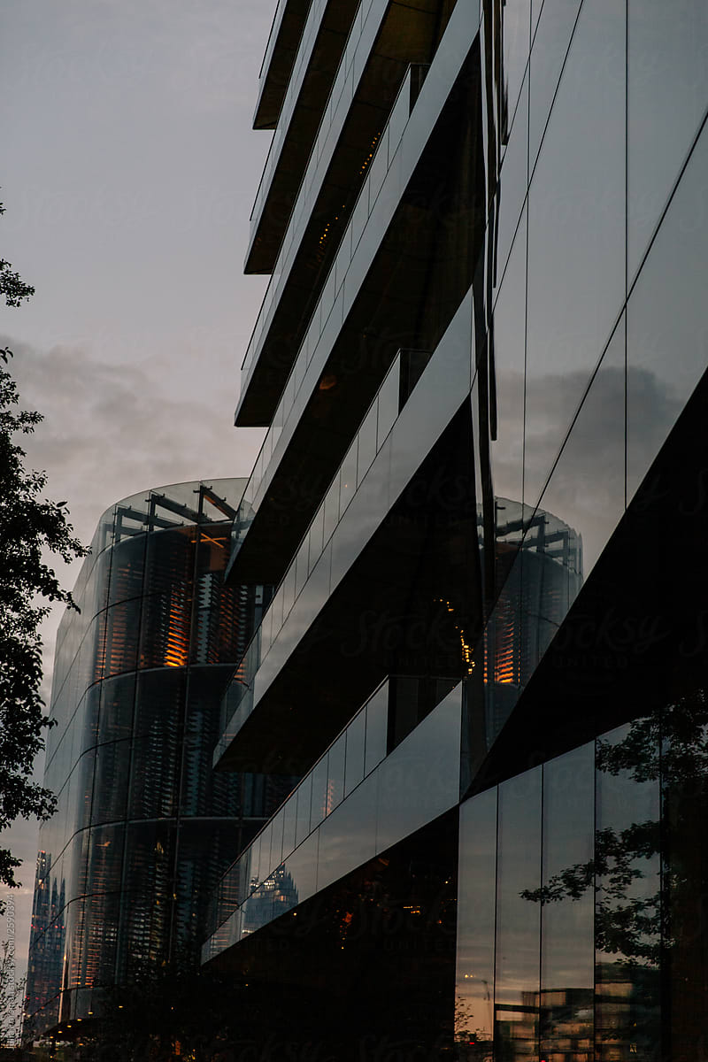Office building in London at dusk.