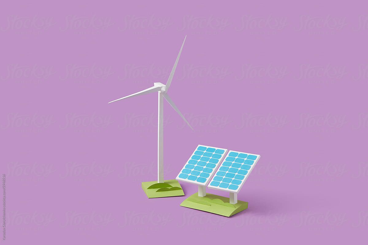 Couple of solar panels next to windmill on violet background