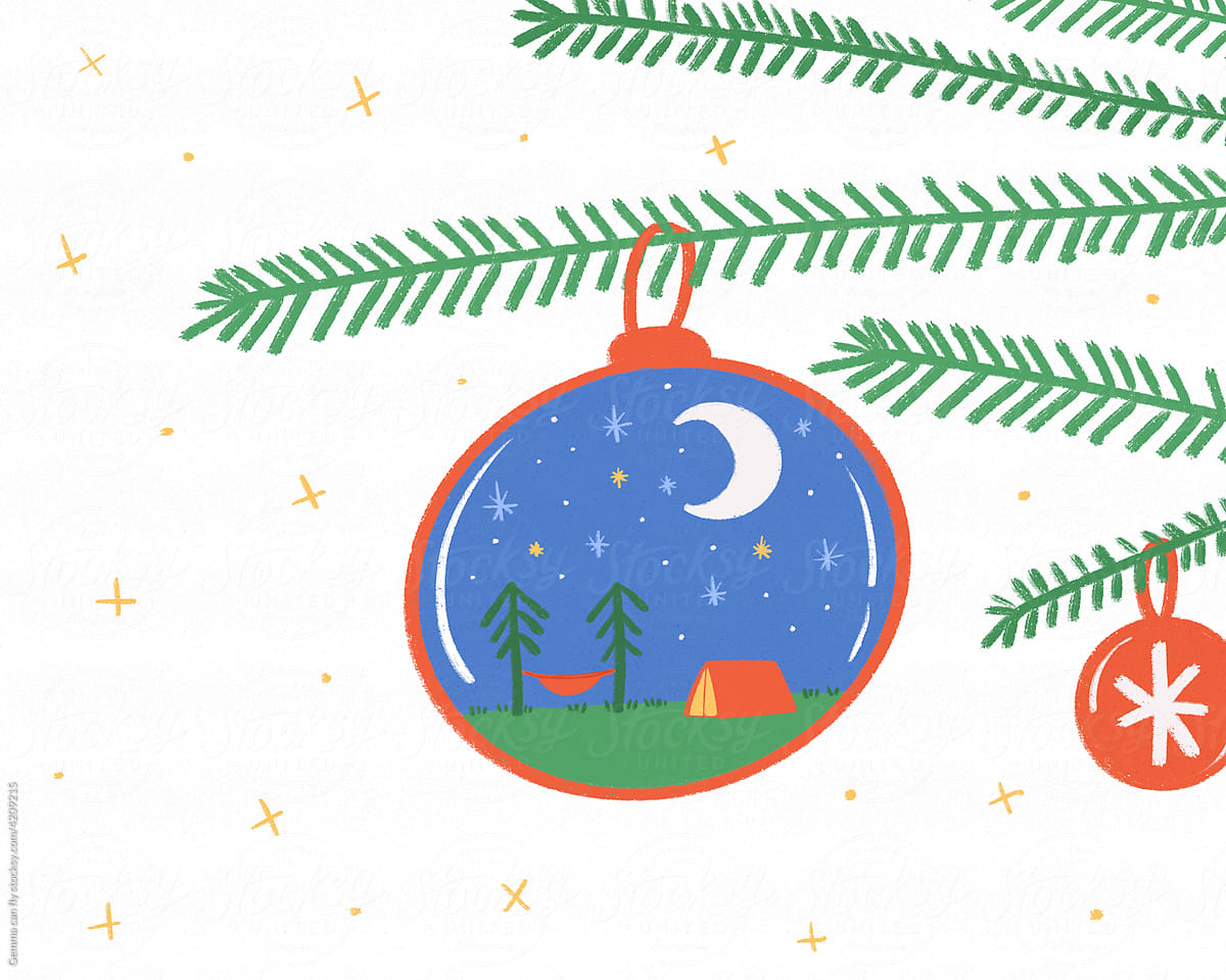 Christmas ball illustration with camping night outdoors scene hanging on tree