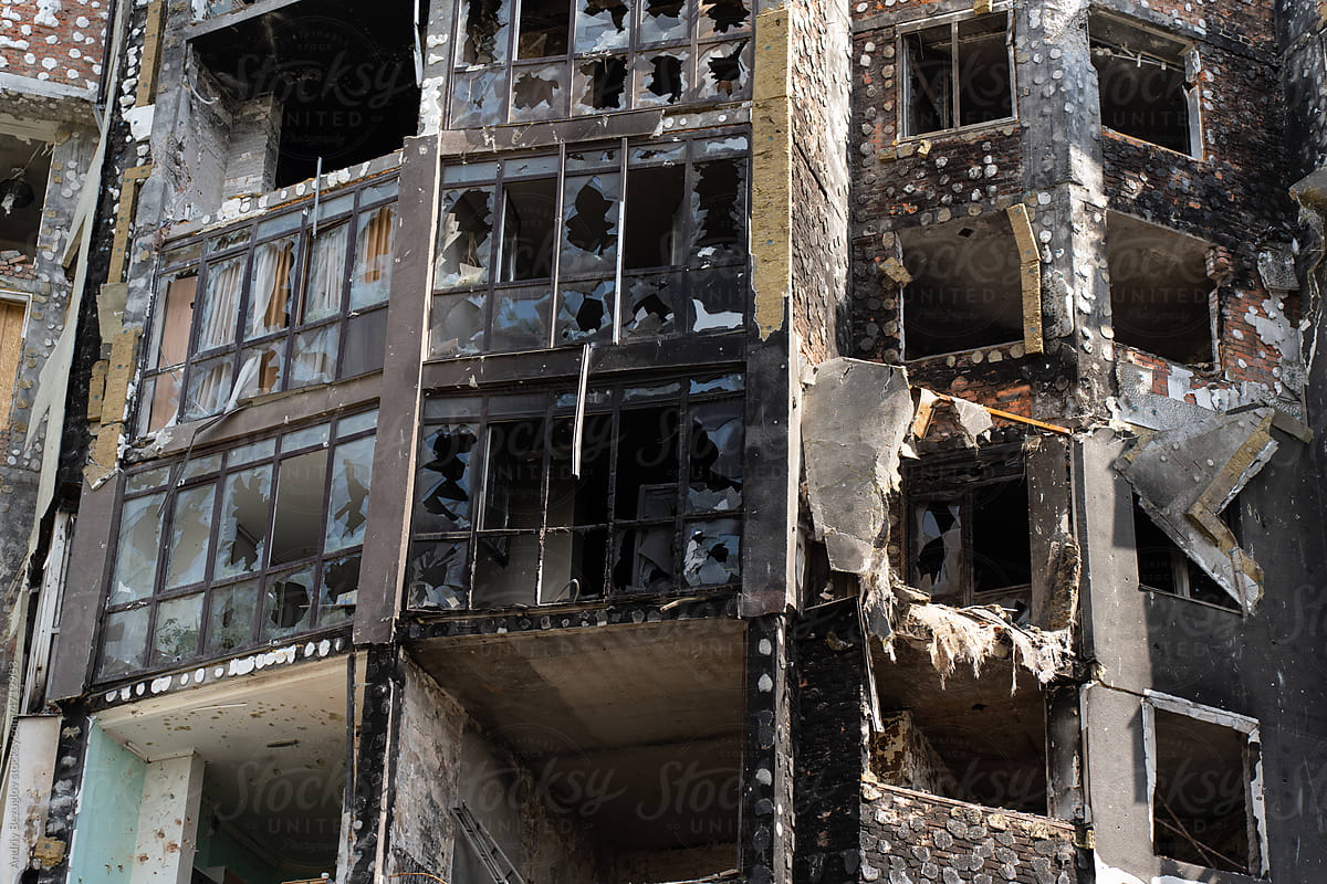 Facade of the building destroyed by explosions and fire