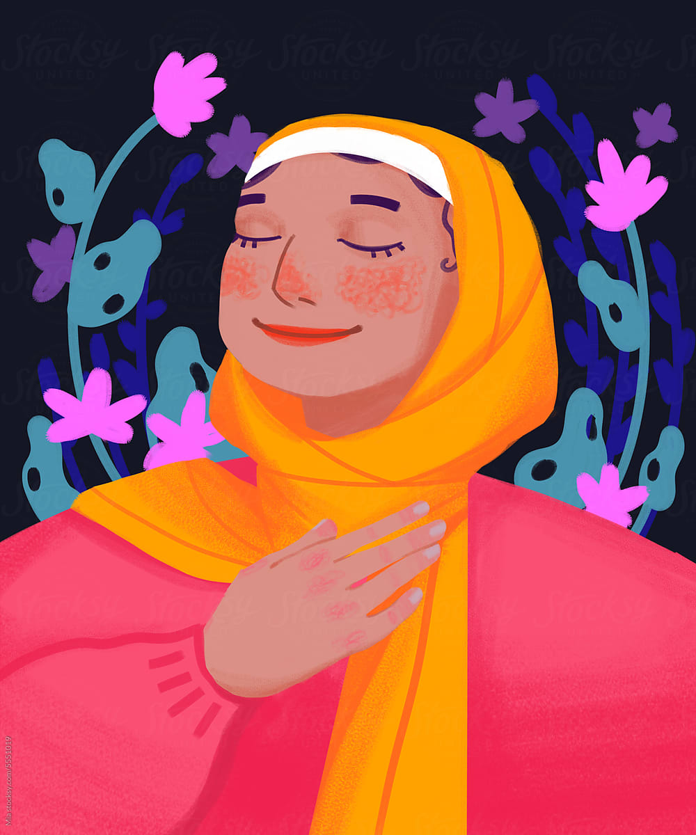 illustration of a joyful woman wearing a yellow hijab