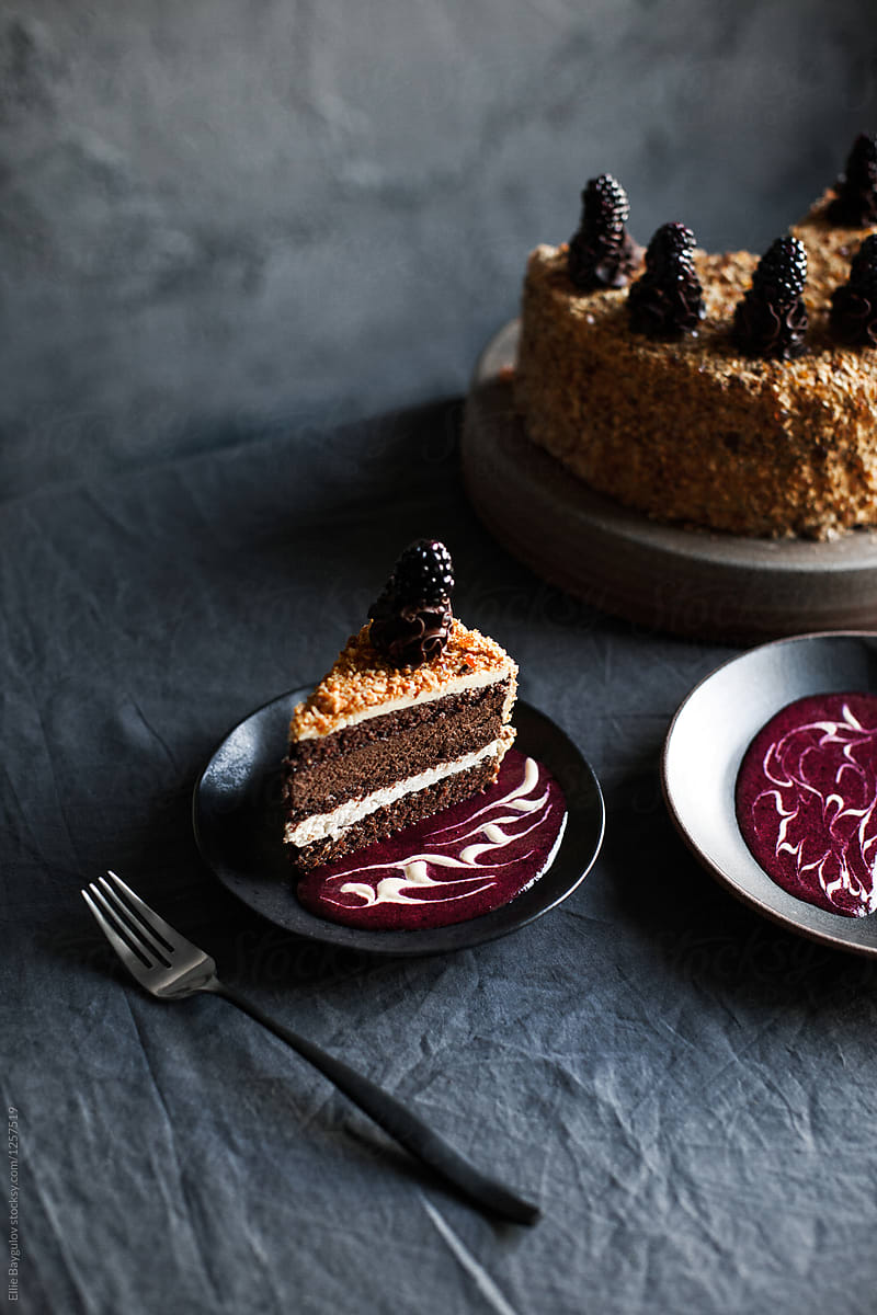 Chocolate mousse cake with hazelnut praline coating