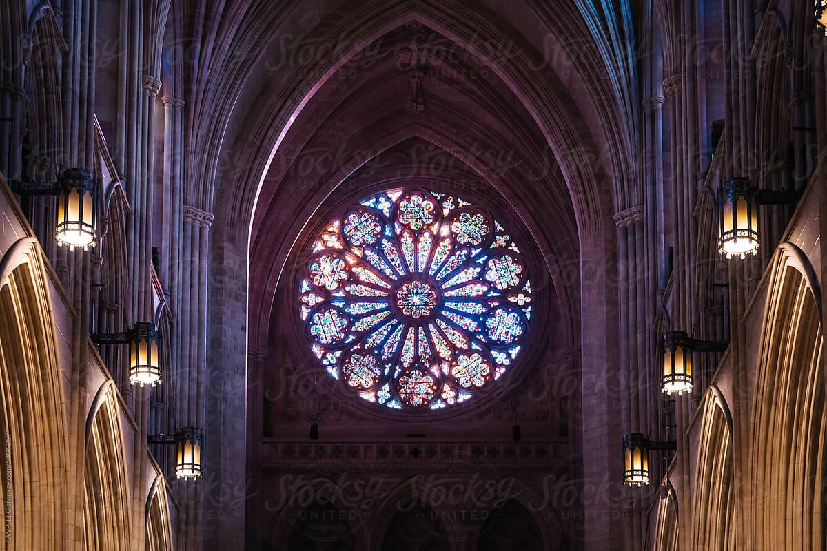 Long view of stained glass rose window