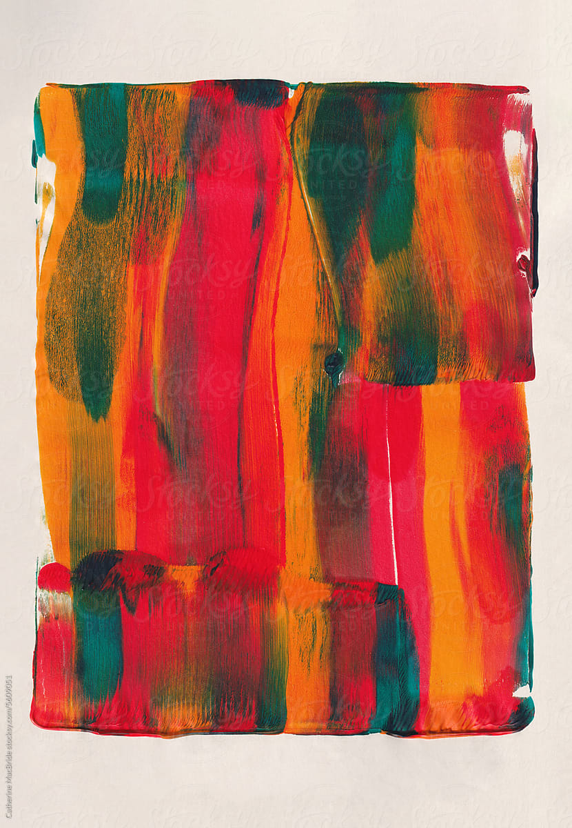Messy acrylic monoprint in orange, red and teal