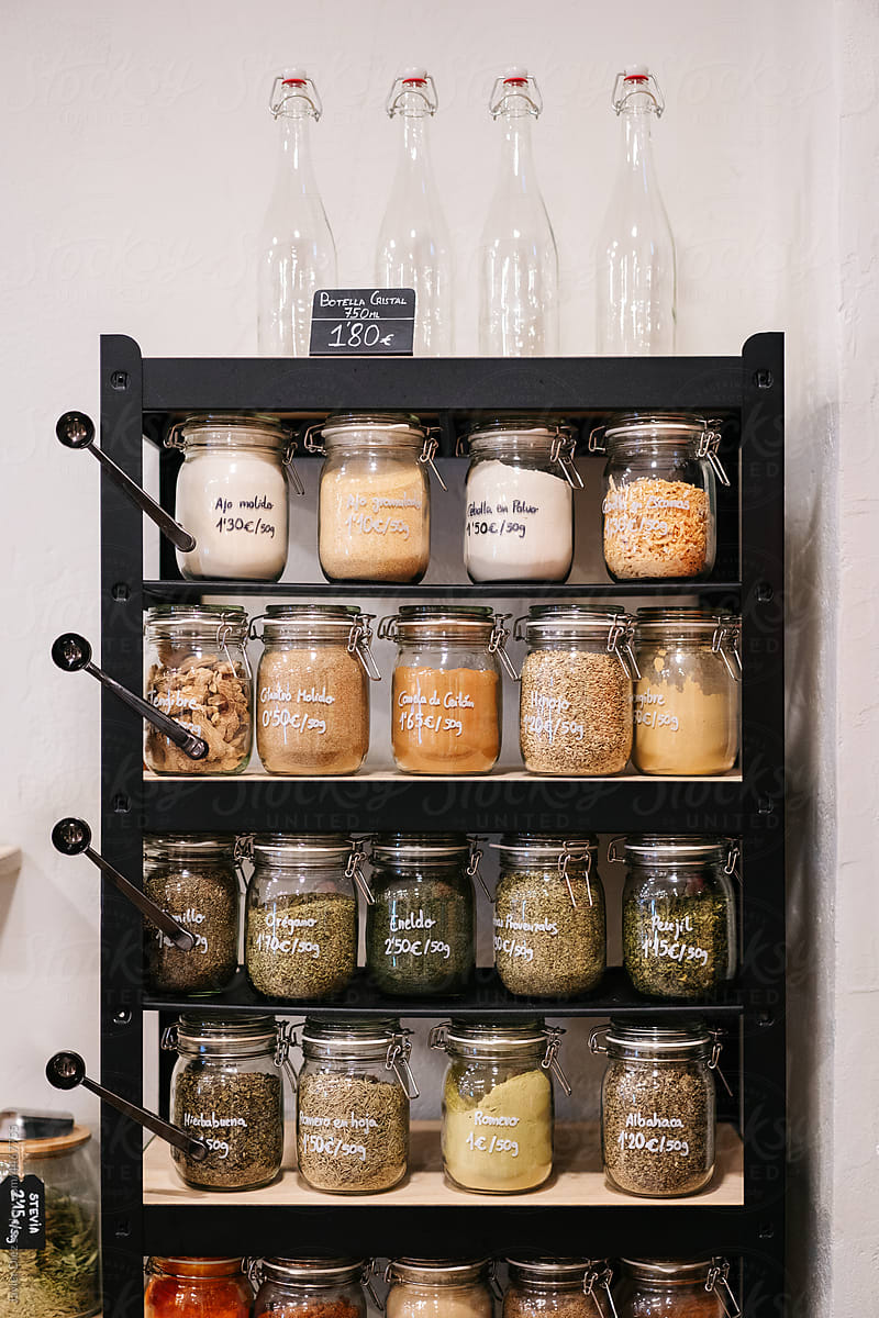 Various spices on shelves in eco friendly store