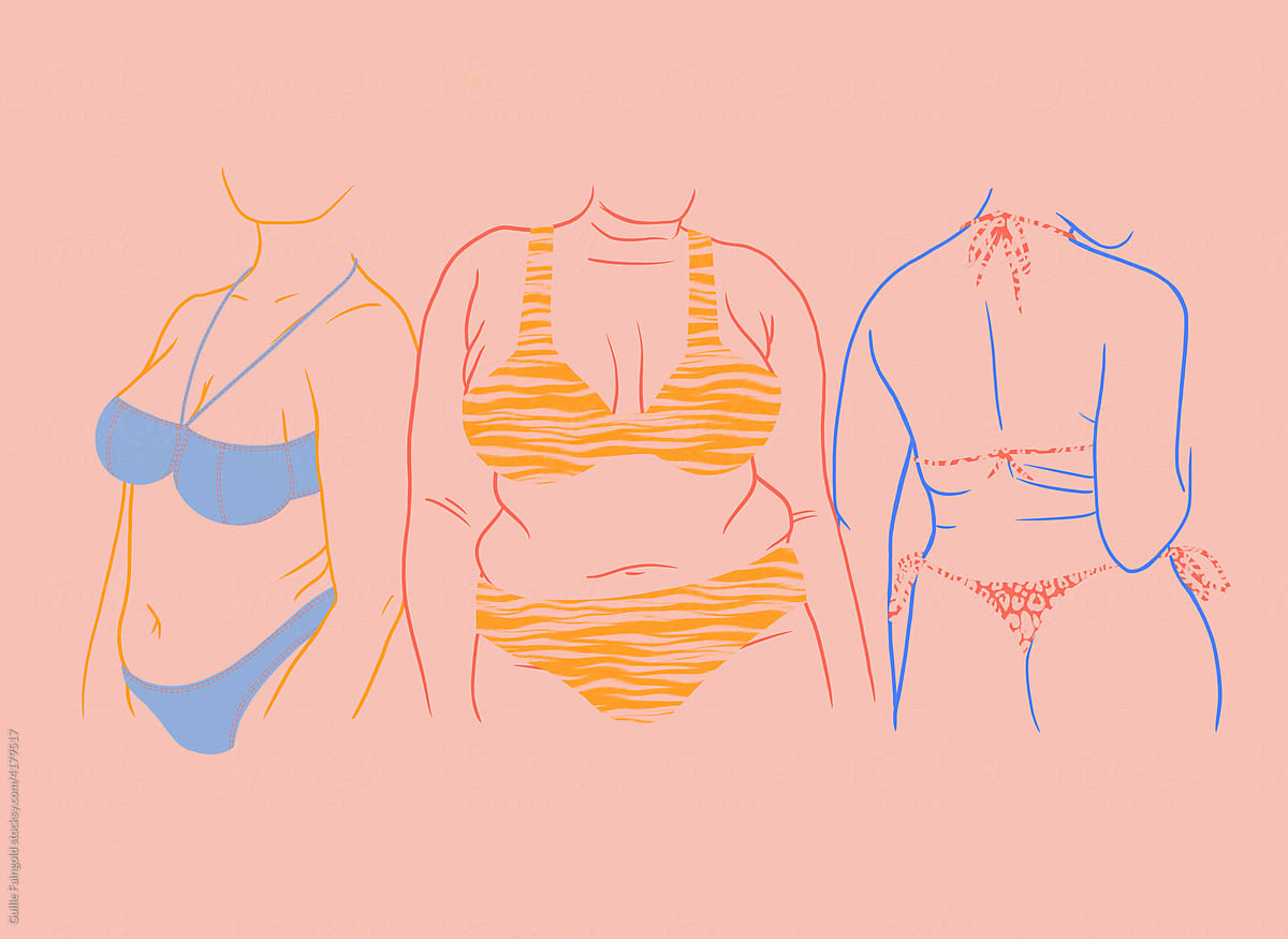 Illustration of fhree plus size women in bikini.
