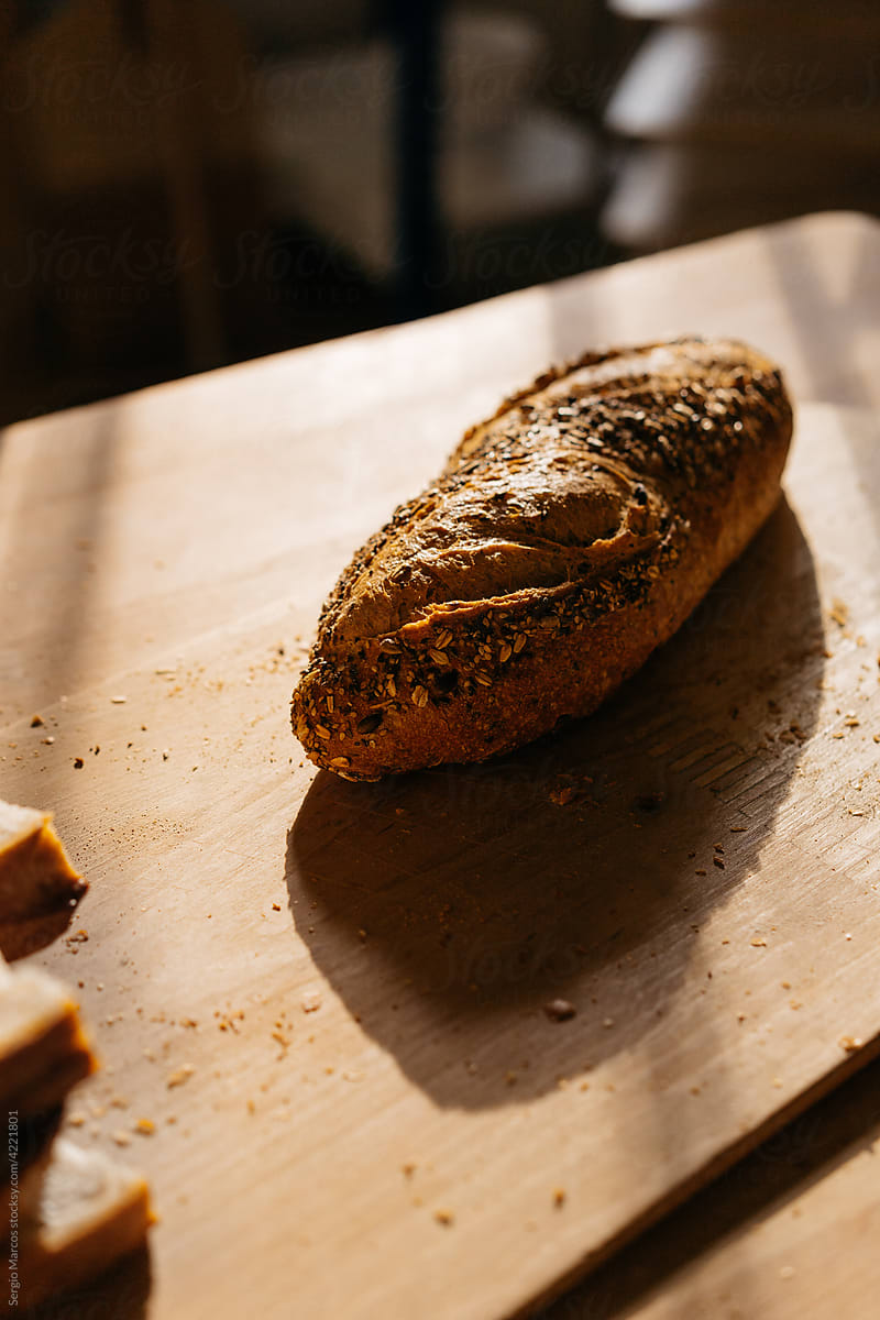Freshly baked bread on table in bakery