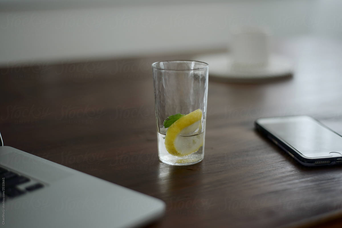 Glass with lemonade on the work table with Japanese atmosphere