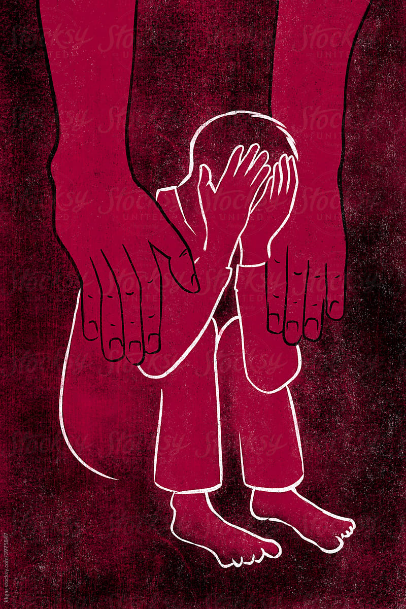 Desperate child and evil hands illustration